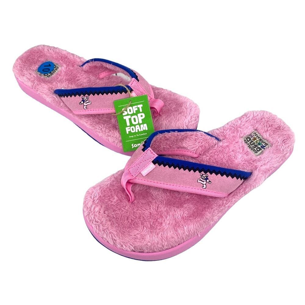 Sanuk U Furreal x Grateful Dead Mens Size 10 Pink Furry Flip Flops Sandals